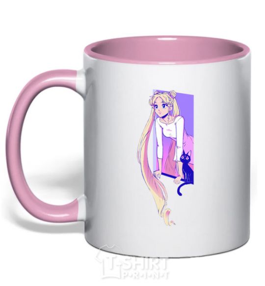 Mug with a colored handle Sailor moon with the cat light-pink фото