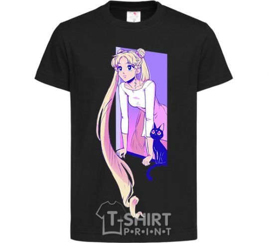 Kids T-shirt Sailor moon with the cat black фото