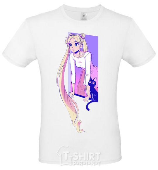 Men's T-Shirt Sailor moon with the cat White фото