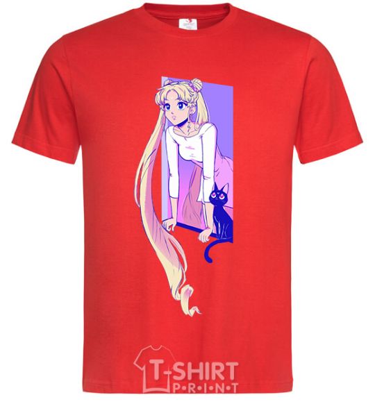 Men's T-Shirt Sailor moon with the cat red фото