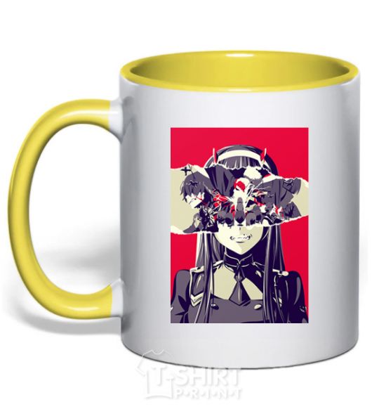 Mug with a colored handle Darling in the Franxx poster yellow фото