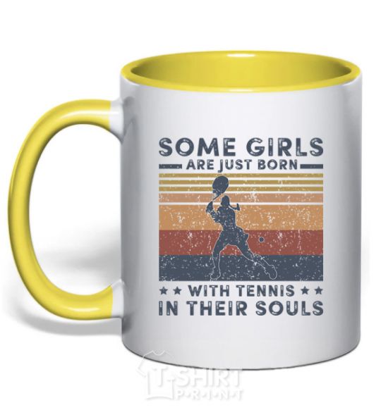 Mug with a colored handle Some girls are just born with tennis in their souls yellow фото