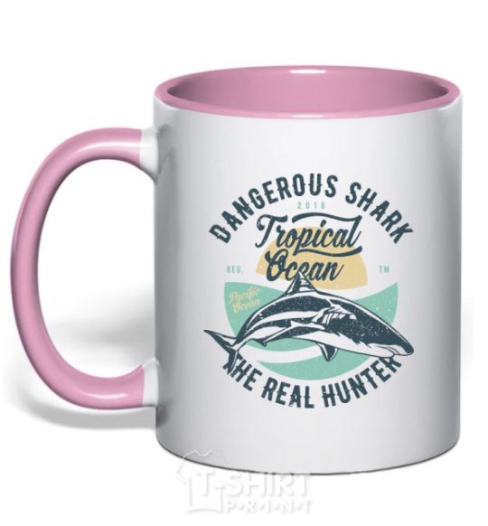 Mug with a colored handle Dangerous Shark light-pink фото