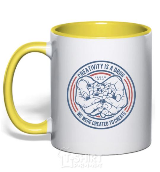 Mug with a colored handle Creativity Is A Drug yellow фото