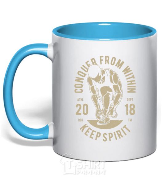 Mug with a colored handle Conquer From Within sky-blue фото