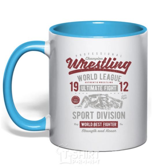 Mug with a colored handle Wrestling sky-blue фото