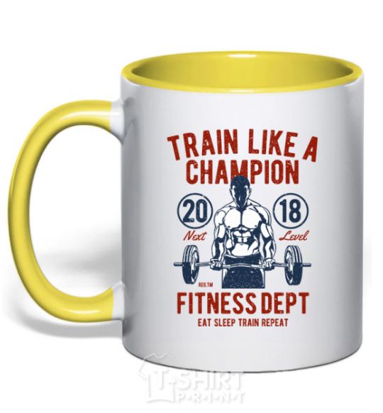 Mug with a colored handle Train Like A Champion yellow фото
