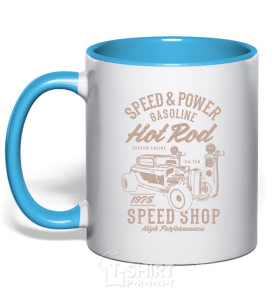 Mug with a colored handle Speed & Power Hotrod sky-blue фото