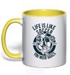 Mug with a colored handle Life Is Like Soccer yellow фото