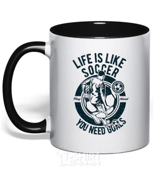 Mug with a colored handle Life Is Like Soccer black фото