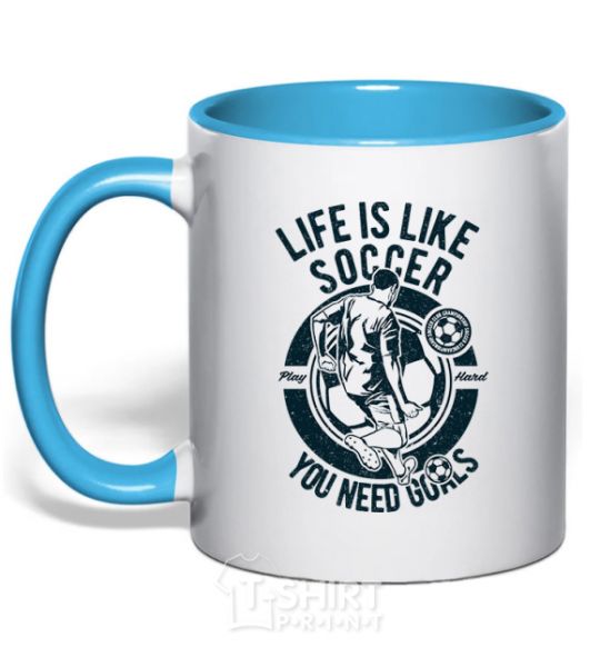 Mug with a colored handle Life Is Like Soccer sky-blue фото