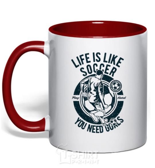 Mug with a colored handle Life Is Like Soccer red фото
