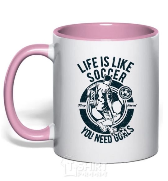 Mug with a colored handle Life Is Like Soccer light-pink фото