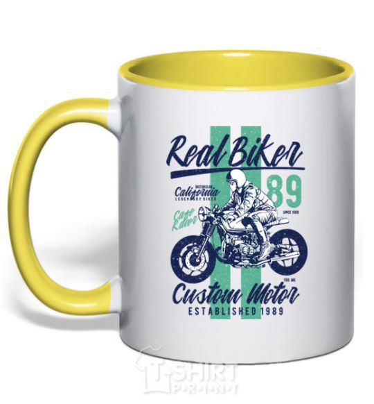 Mug with a colored handle Real Biker yellow фото
