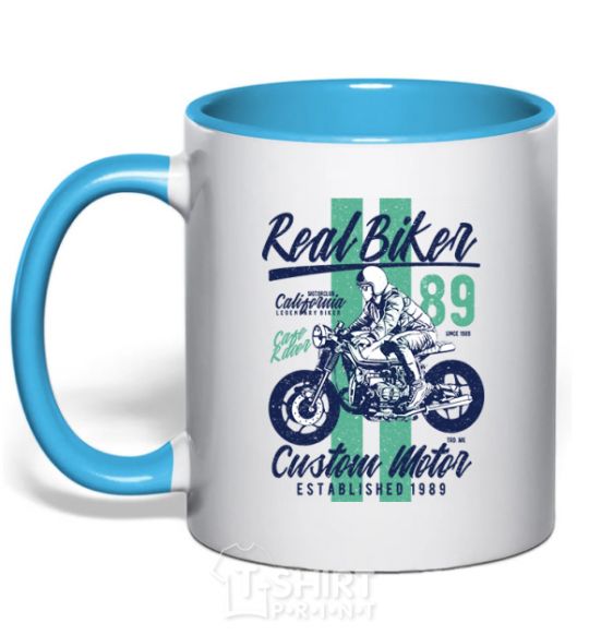 Mug with a colored handle Real Biker sky-blue фото
