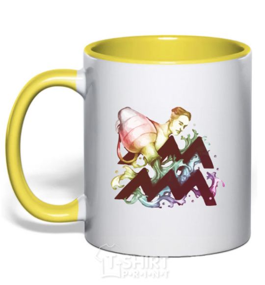 Mug with a colored handle Aquarius zodiac sign yellow фото