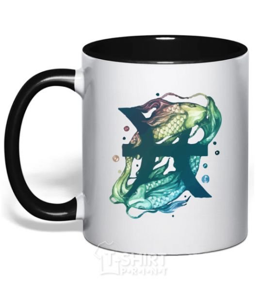 Чашка с цветной ручкой Рыбы знак зодиака Черный фото