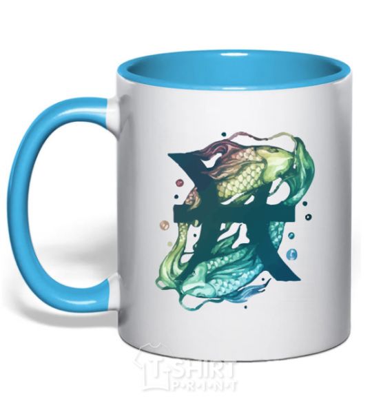 Mug with a colored handle Pisces zodiac sign sky-blue фото