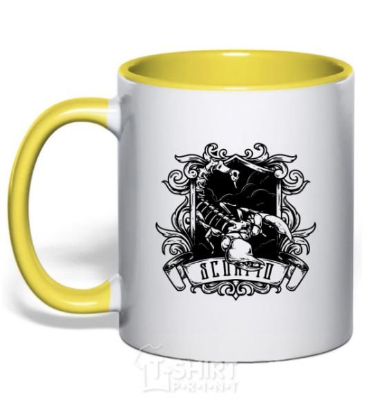 Mug with a colored handle A scorpion with a skull yellow фото