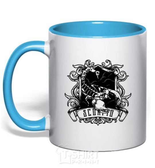 Mug with a colored handle A scorpion with a skull sky-blue фото