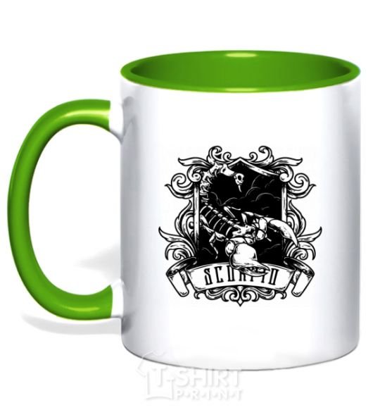 Mug with a colored handle A scorpion with a skull kelly-green фото