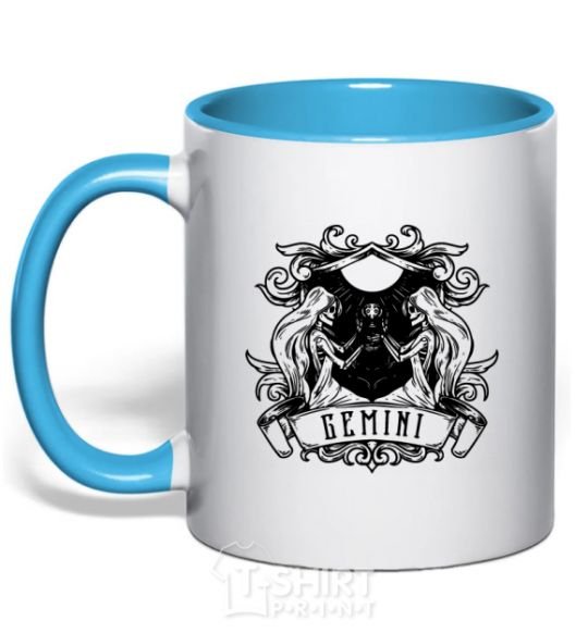 Mug with a colored handle Gemini skeleton sky-blue фото