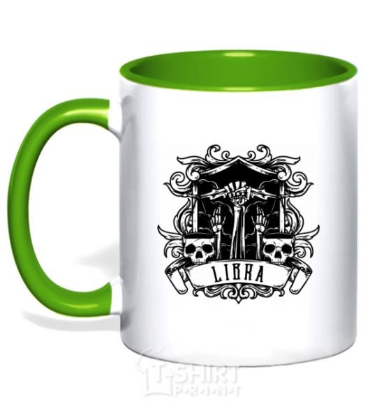 Mug with a colored handle Libra skull kelly-green фото