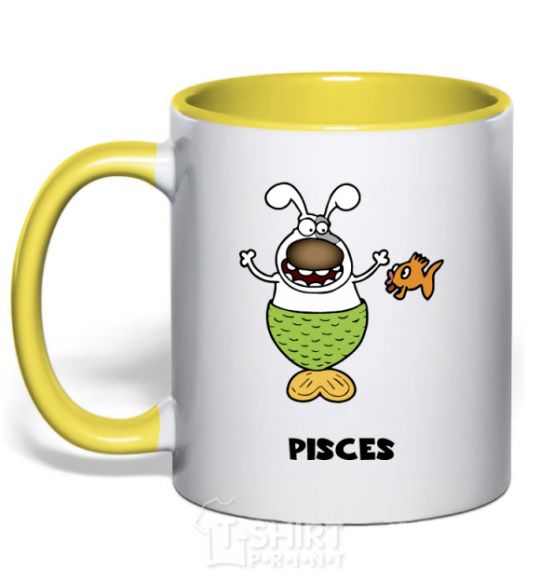 Mug with a colored handle Pisces the dog yellow фото