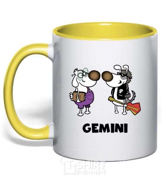 Mug with a colored handle Gemini dog yellow фото