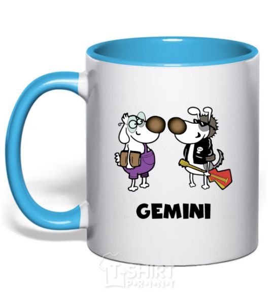 Mug with a colored handle Gemini dog sky-blue фото