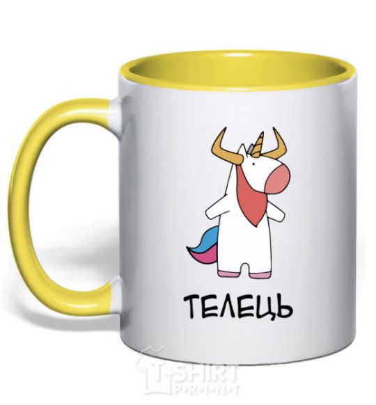 Mug with a colored handle Taurus unicorn yellow фото