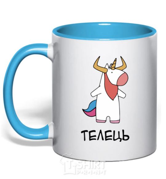 Mug with a colored handle Taurus unicorn sky-blue фото