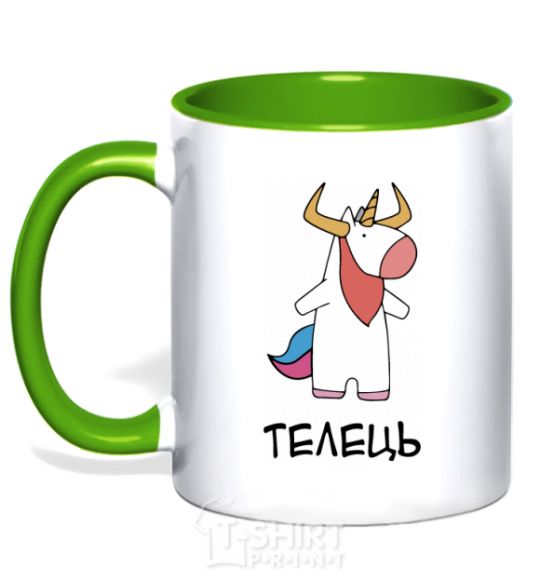 Mug with a colored handle Taurus unicorn kelly-green фото