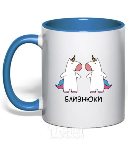 Mug with a colored handle Gemini unicorn royal-blue фото