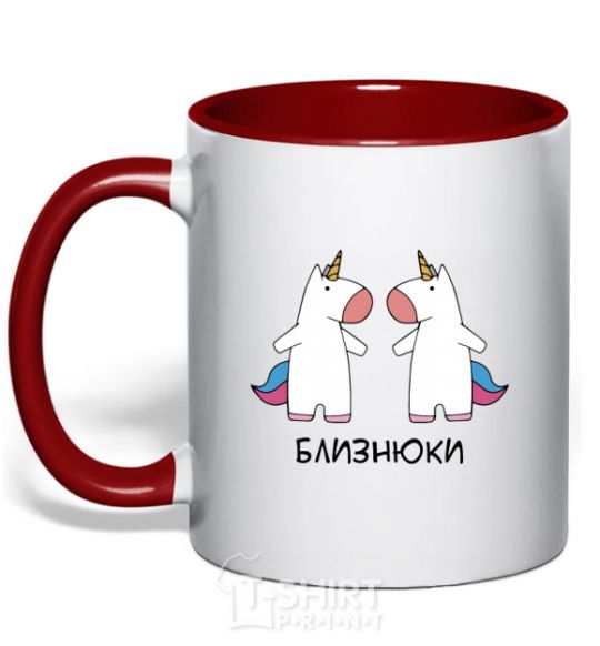 Mug with a colored handle Gemini unicorn red фото