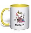 Mug with a colored handle Libra unicorn yellow фото