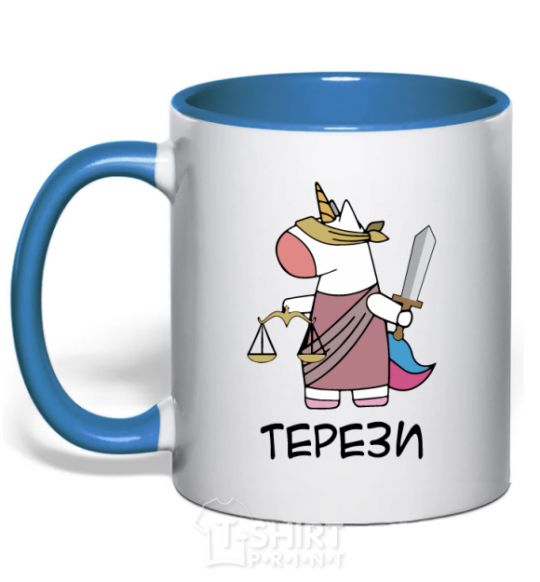 Mug with a colored handle Libra unicorn royal-blue фото