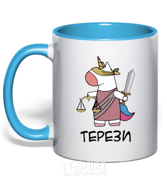 Mug with a colored handle Libra unicorn sky-blue фото