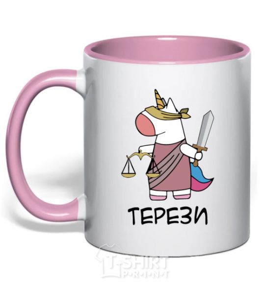 Mug with a colored handle Libra unicorn light-pink фото