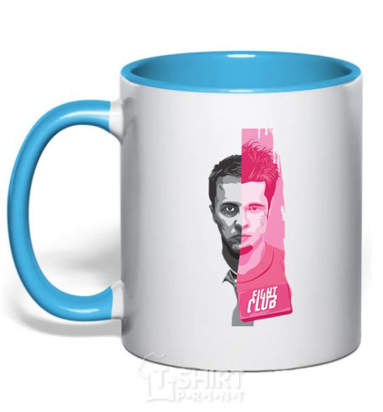 Mug with a colored handle Fight Club pink and gray sky-blue фото