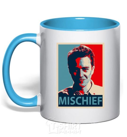 Mug with a colored handle Mischief sky-blue фото