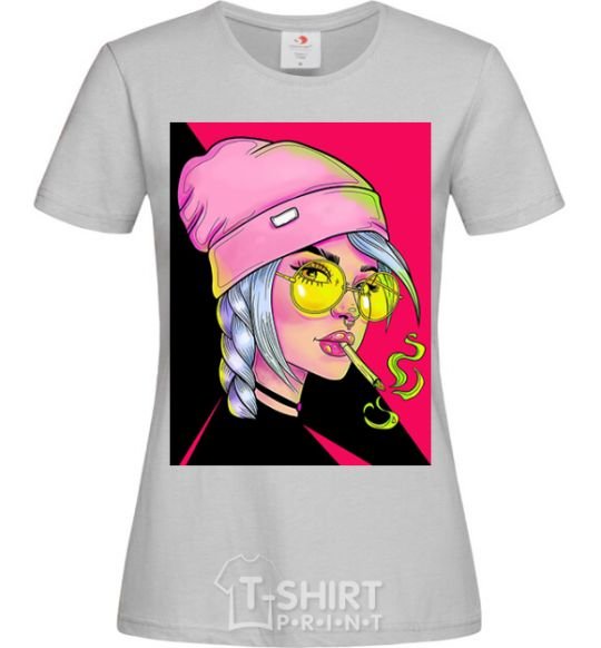 Women's T-shirt SWAG girl with cigarette grey фото