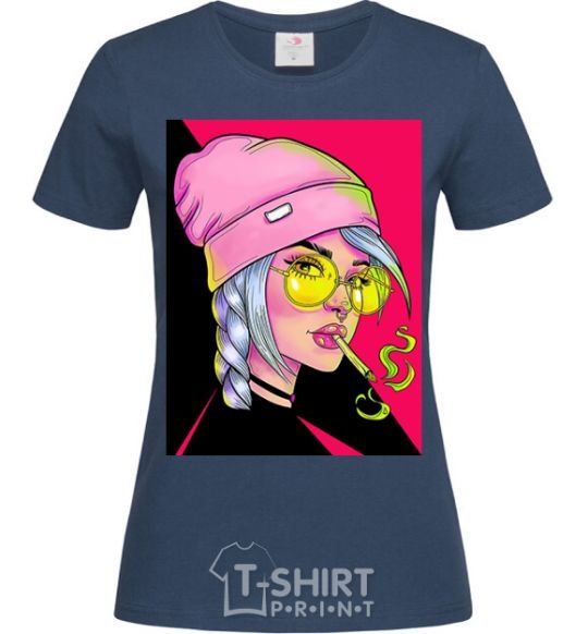 Women's T-shirt SWAG girl with cigarette navy-blue фото