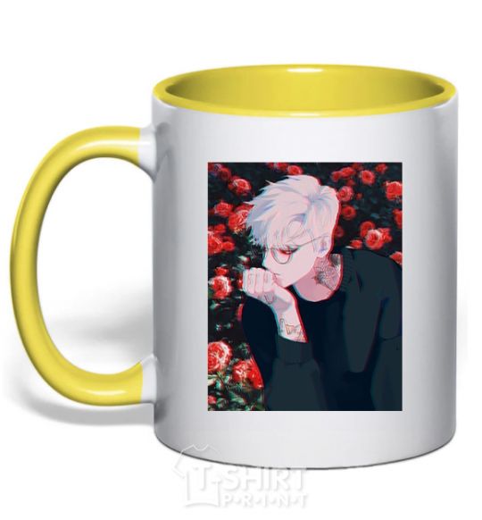 Mug with a colored handle Anime boy roses yellow фото