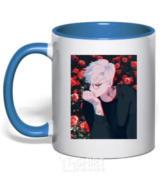 Mug with a colored handle Anime boy roses royal-blue фото