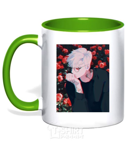 Mug with a colored handle Anime boy roses kelly-green фото