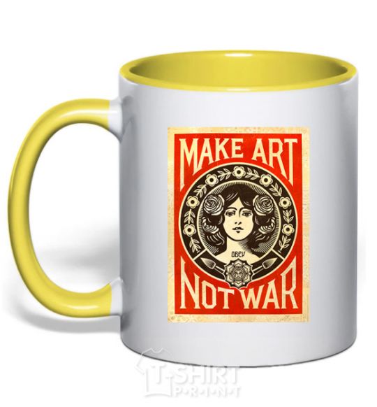 Mug with a colored handle OBEY Make art not war yellow фото