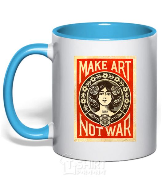 Mug with a colored handle OBEY Make art not war sky-blue фото