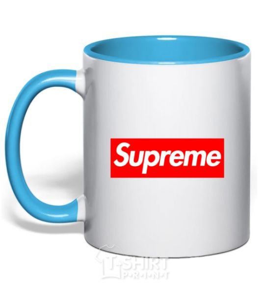 Mug with a colored handle Supreme logo sky-blue фото