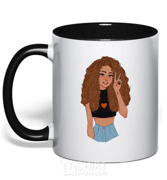 Mug with a colored handle Lion girl V.1 black фото
